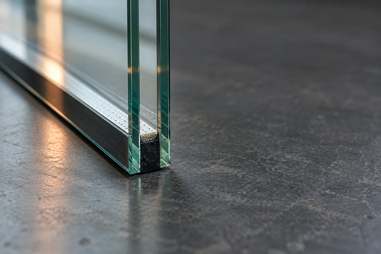 Close-up of the glass and spacer edge on a sealed unit